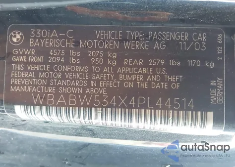 2004 BMW 330Ci из США, поврежденный, VIN WBABW534X4PL44514